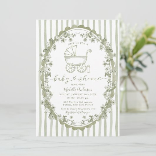 Invitation Boho Sage Baby Carriage Stripes Bow Baby shower (Debout devant)