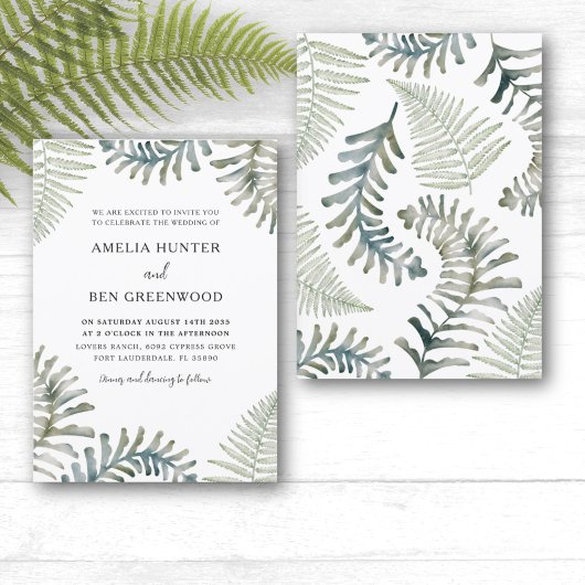 Invitation Boho Sage Green Fern Aquarelle Mariage