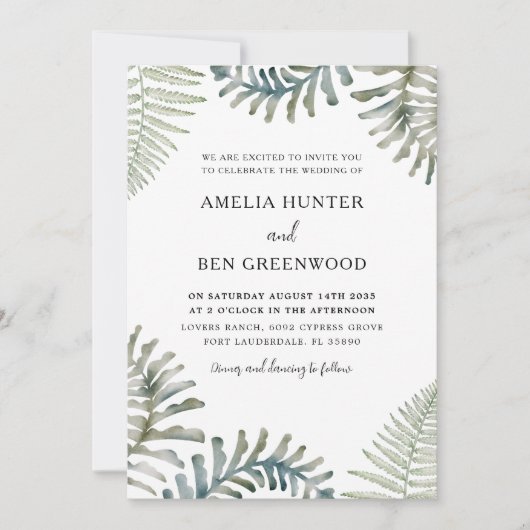 Invitation Boho Sage Green Fern Aquarelle Mariage (Devant)