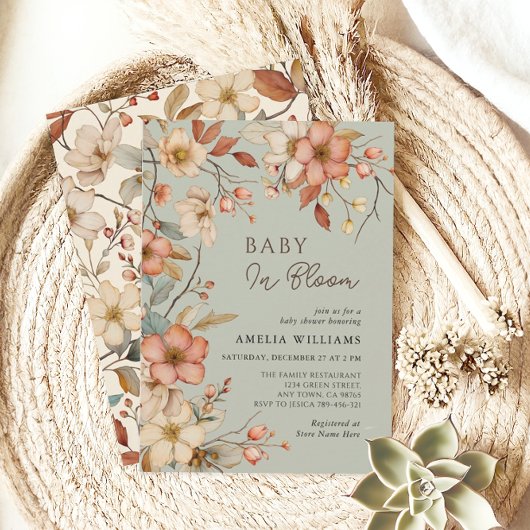 Invitation Boho Sage Green Fleur sauvage Baby shower Floral