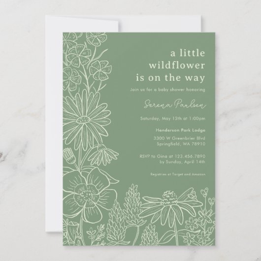 Invitation Boho Sage Green Fleur sauvage Baby shower Invitati (Devant)