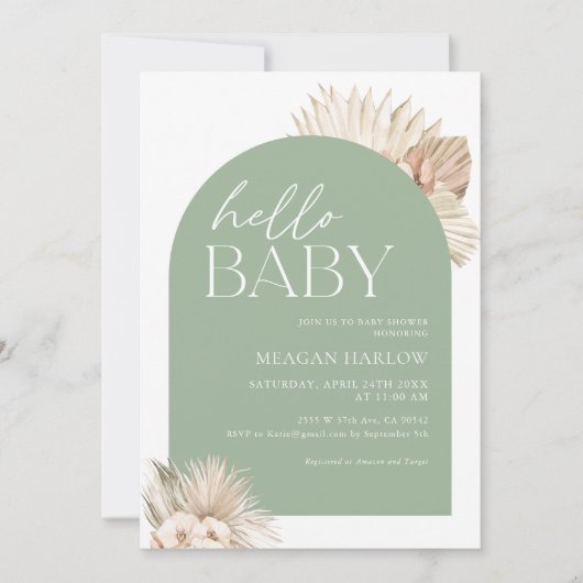 Invitation Boho Sage Green Hello Baby shower (Devant)