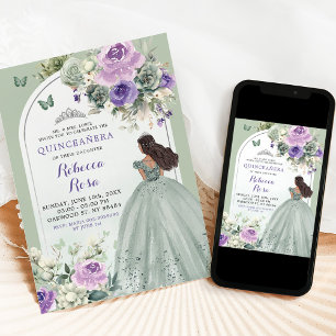 Invitation Boho Sage Green Lavender Floral Quinceañera