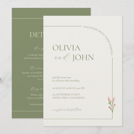 Invitation Boho Sage Green & Linen Arch Minimalist w Details (Devant / Derrière)