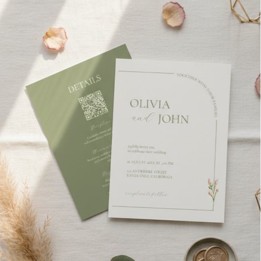 Invitation Boho Sage Green & Linen Minimalist w Details & QR 