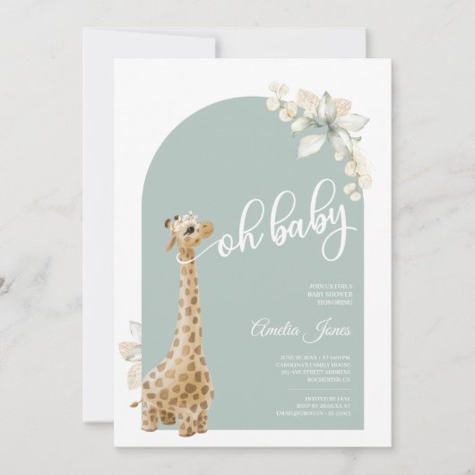Invitation Boho Sage Green Pampas Grass Giraffe Baby shower (Devant)
