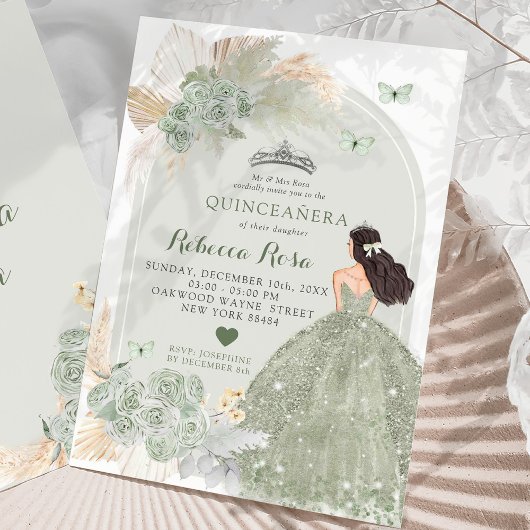 Invitation Boho Sage Green Robe Rose Princesa Quinceañera