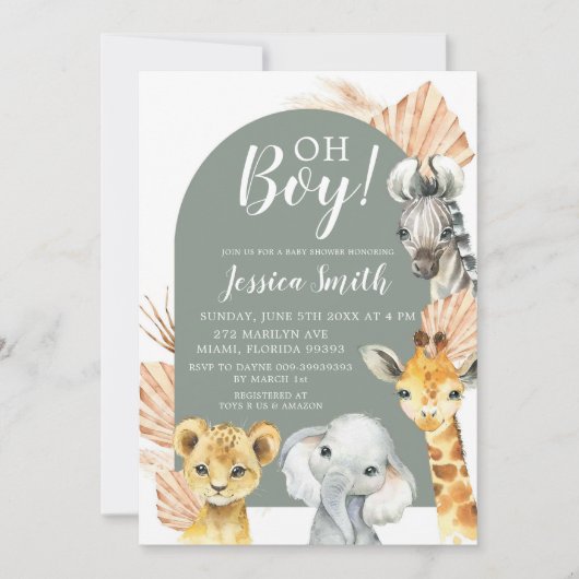 Invitation Boho Sage Green Safari Oh Baby shower garçon (Devant)