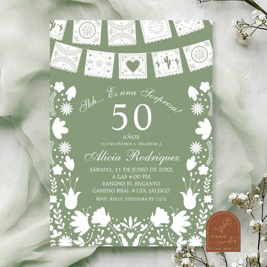 Invitation Boho Sage Green Talavera Mexican Surprise Birthday