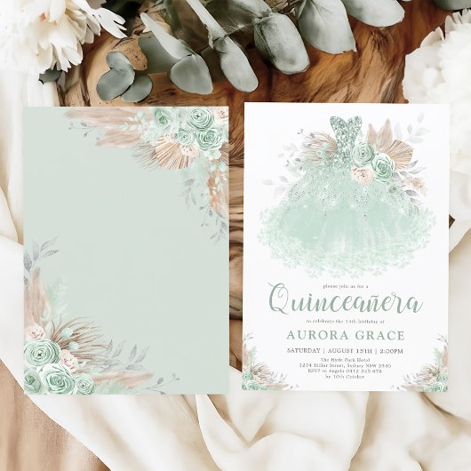 Invitation Boho Sage Vert Argent Quinceañera Princesse Robe