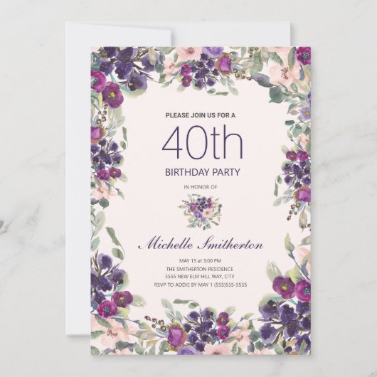 Invitation Boho Sage Vert Feuilles violet rose floral 40e (Devant)
