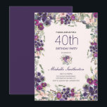 Invitation Boho Sage Vert Feuilles violet rose floral 40e<br><div class="desc">Belle invitation à la fête du 40ème anniversaire de style boho pour les femmes avec de magnifiques fleurs violettes et roses d'aquarelle et feuilles sauge vert sur un arrière - plan rose doux.</div>