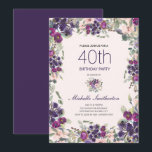Invitation Boho Sage Vert Feuilles violet rose floral 40e<br><div class="desc">Belle invitation à la fête du 40ème anniversaire de style boho pour les femmes avec de magnifiques fleurs violettes et roses d'aquarelle et feuilles sauge vert sur un arrière - plan rose doux.</div>