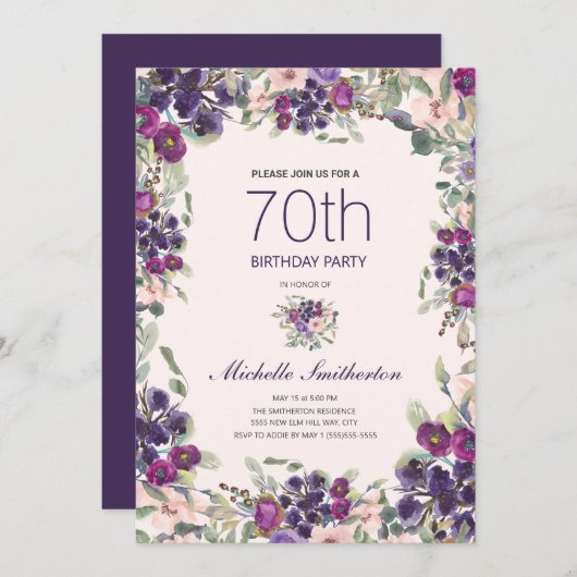 Invitation Boho Sage Vert Feuilles violet rose floral 70e (Devant / Derrière)