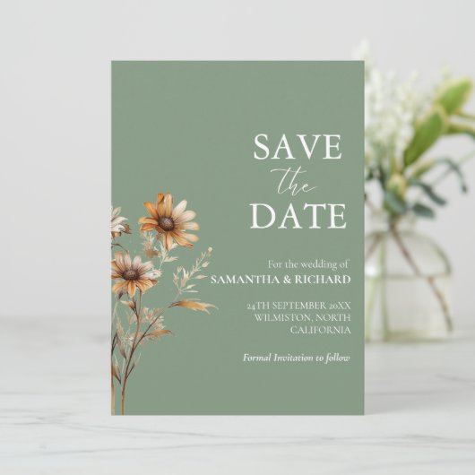 Invitation Boho sage Vert Fleur sauvage Mariage Enregistrer L (Debout devant)