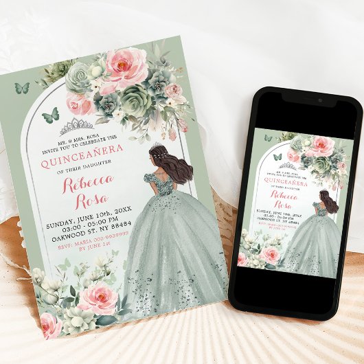 Invitation Boho Sage Vert rose Floral Quinceañera
