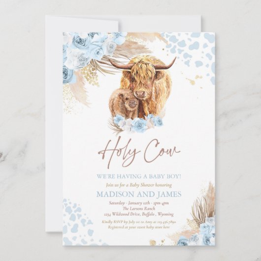 Invitation Boho Saint Vache Bleu Pampas Baby shower Garçon en (Devant)