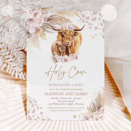 Invitation Boho Saint Vache rose Pampas Baby shower en herbe