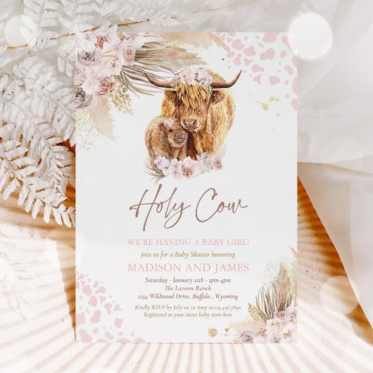 Invitation Boho Saint Vache rose Pampas Grass Girl Baby showe