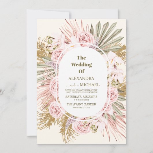 Invitation boho sauge vert et pampas herbe mariage (Devant)