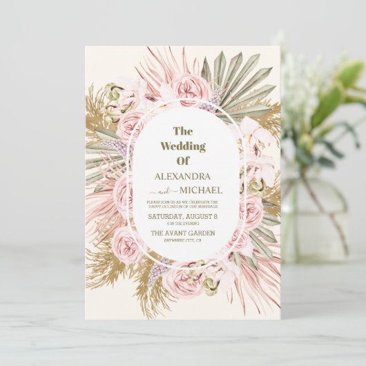 Invitation boho sauge vert et pampas herbe mariage (Debout devant)