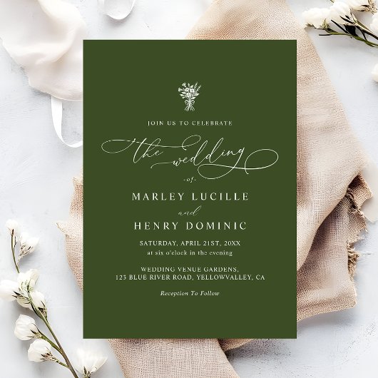 Invitation Boho Script Calligraphy Olive Green Wedding