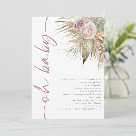 Invitation Boho Script pivoté Pampas Pink Oh Baby shower (Debout devant)