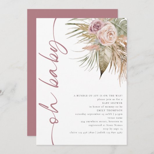 Invitation Boho Script pivoté Pampas Pink Oh Baby shower (Devant / Derrière)