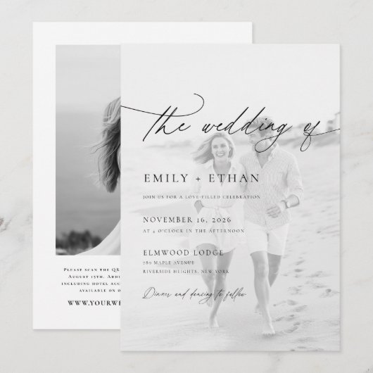 Invitation Boho Script QR Code Mariage photo (Devant / Derrière)