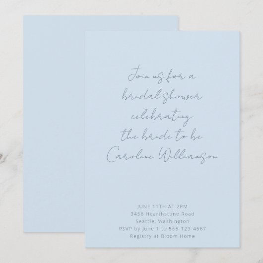 Invitation Boho Script Soft Blue Modern Bridal Shower (Devant / Derrière)