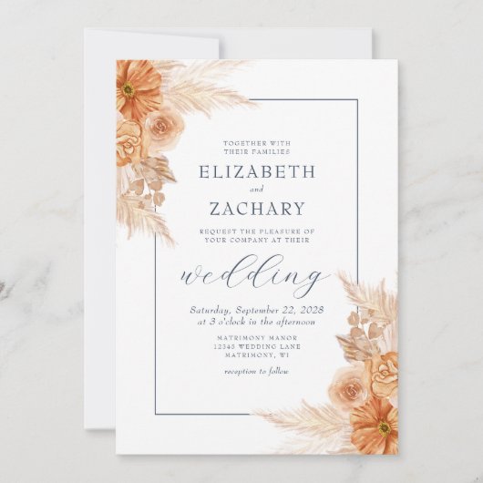 Invitation Boho séché Floral Navy Mariage bleu (Devant)