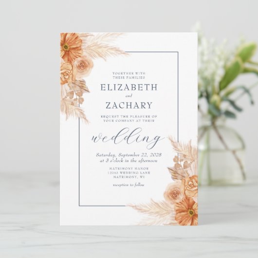 Invitation Boho séché Floral Navy Mariage bleu (Debout devant)