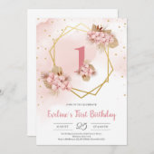 Invitation Boho séché Palm Blush Orchidée or premier annivers (Devant / Derrière)