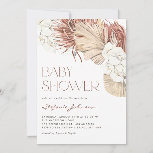 Invitation Boho séché Palm et Orchidée QR Code Baby shower (Devant)