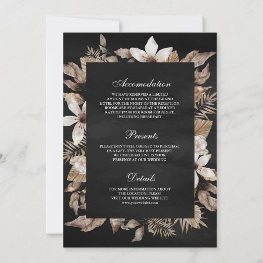 Invitation Boho séché Palm Floral tout en un Mariage noir (Dos)