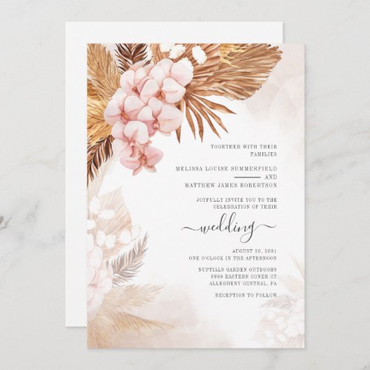 Invitation Boho séché Palms Pampas Grass Mariage en terre cui (Devant / Derrière)