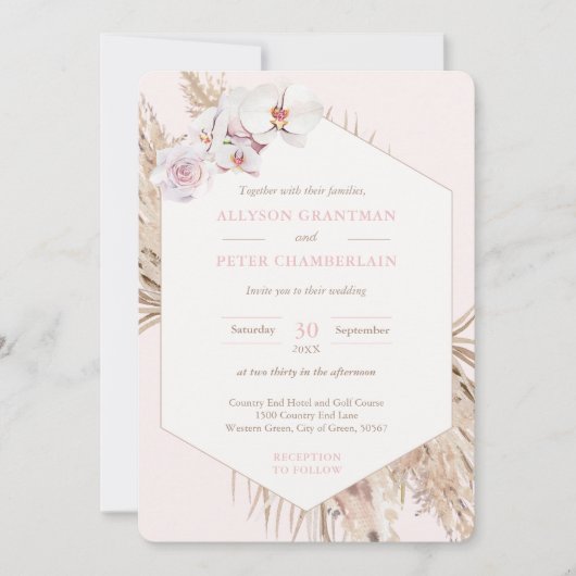 Invitation Boho séché Tropical Palm Feuilles Pampas Mariage (Devant)