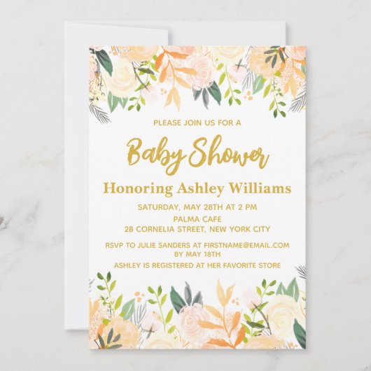 Invitation Boho Sexe Baby shower Neutre Blanc Or Floral (Devant)
