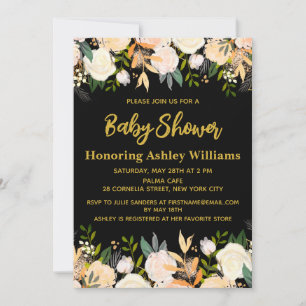 Invitation Boho Sexe Baby shower Neutre Noir Or Floral
