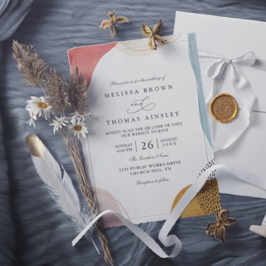 Invitation Boho Shapes Tropical Minimalist QR Code Wedding