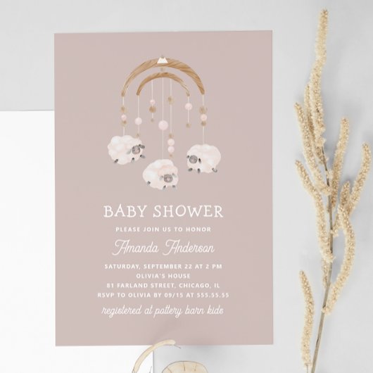 Invitation Boho Sheep Mobile | Baby shower léger Mauve doux