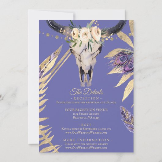 Invitation Boho Skull Periwinkket Gold All In One Mariage (Dos)