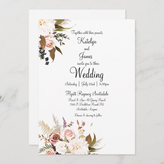 Invitation Boho Soft Coloured Roses & White Flowers Mariage (Devant / Derrière)