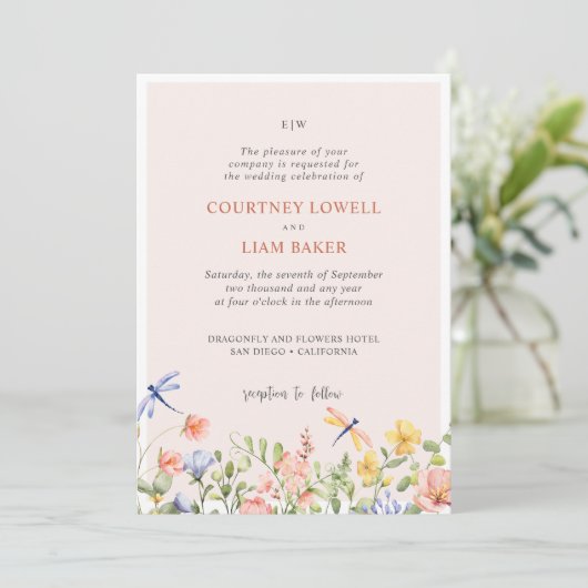 Invitation BOHO soft Flowers and Dragonflies Photo Mariage (Debout devant)