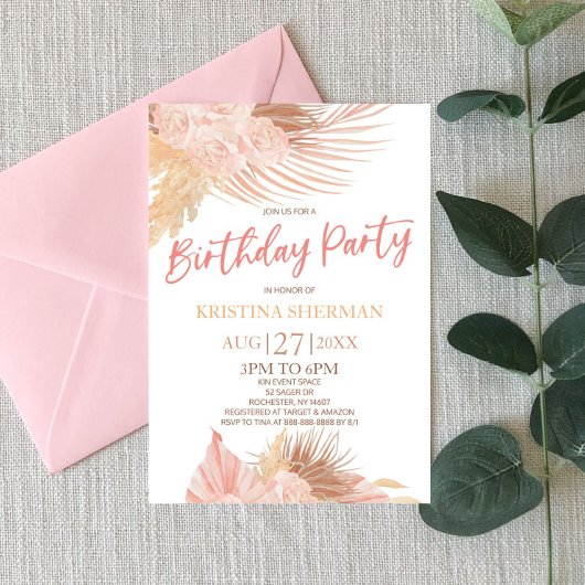 Invitation Boho Soft rose floral fête d'anniversaire