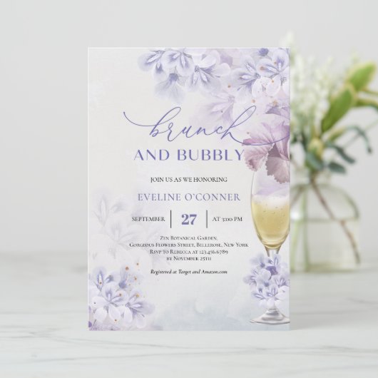 Invitation Boho Soft violet champagne brunch et mousseux (Debout devant)