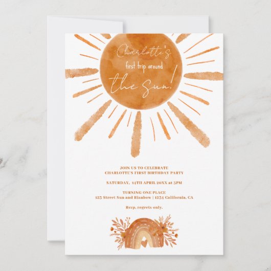 Invitation Boho soleil arc-en-ciel orange 1er anniversaire (Devant)