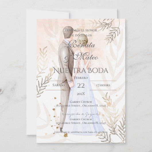 Invitation Boho Spanish with bride and groom wedding (Devant)