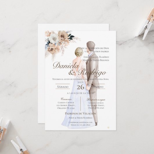 Invitation Boho Spanish with bride and groom wedding (Devant/Arrière en situation)