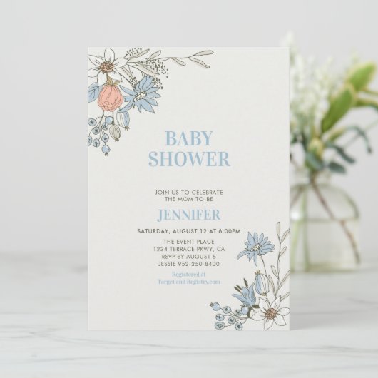Invitation Boho Spring Blue Floral Baby shower (Debout devant)